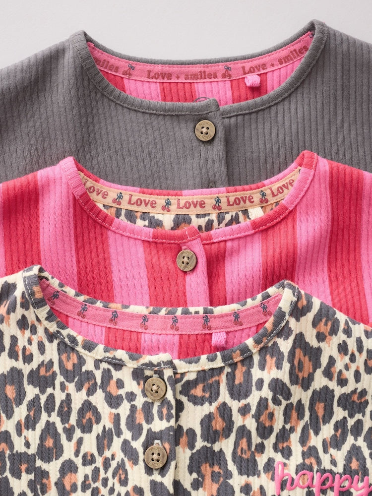 Pink and Leopard Printed Button T-Shirt Jersey Baby Rompers 3 Pack