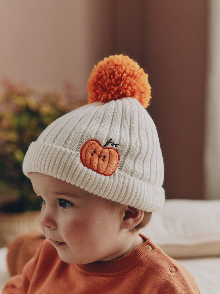 White Embroidered Knitted Pumpkin Pom Baby Hat