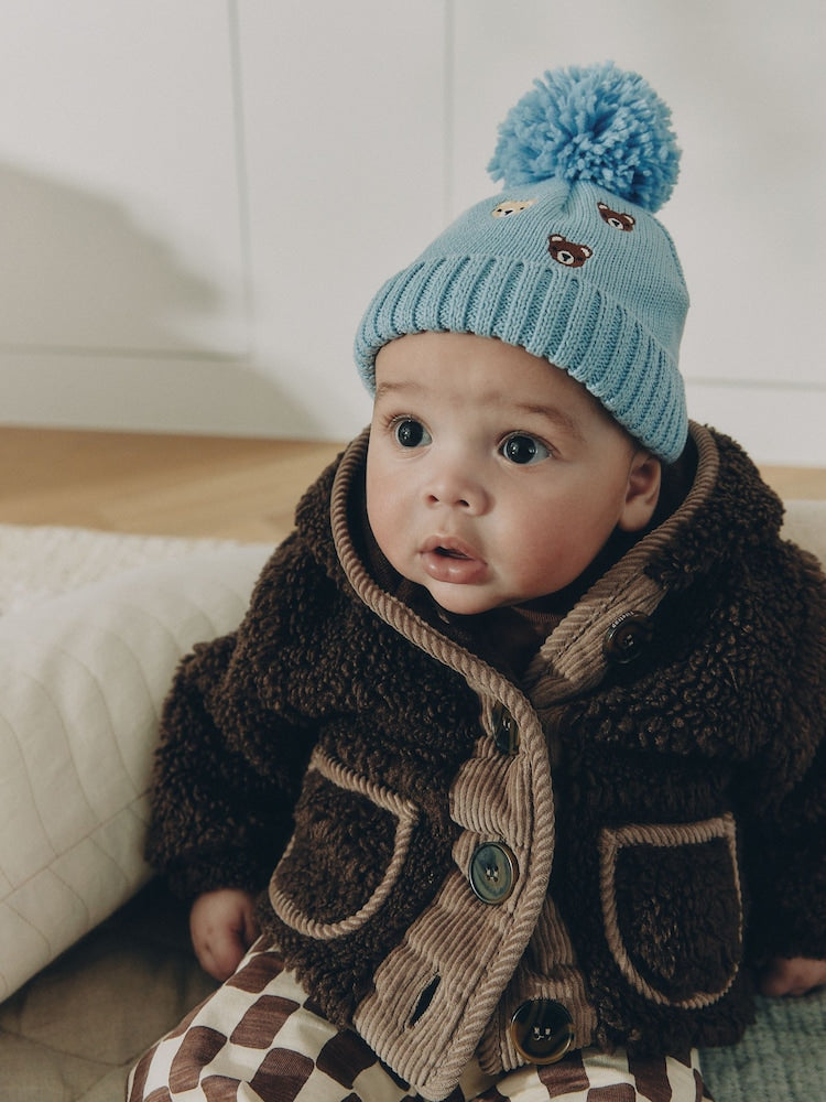 Blue Embroidered Knitted Baby Hat With Pom