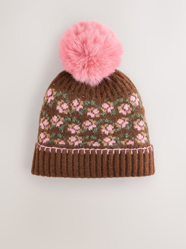 Brown/Pink Floral Pom Beanie Hat (3mths-16yrs) - Brown/Pink Floral / 11 - 13 Years (146 - 158cm)