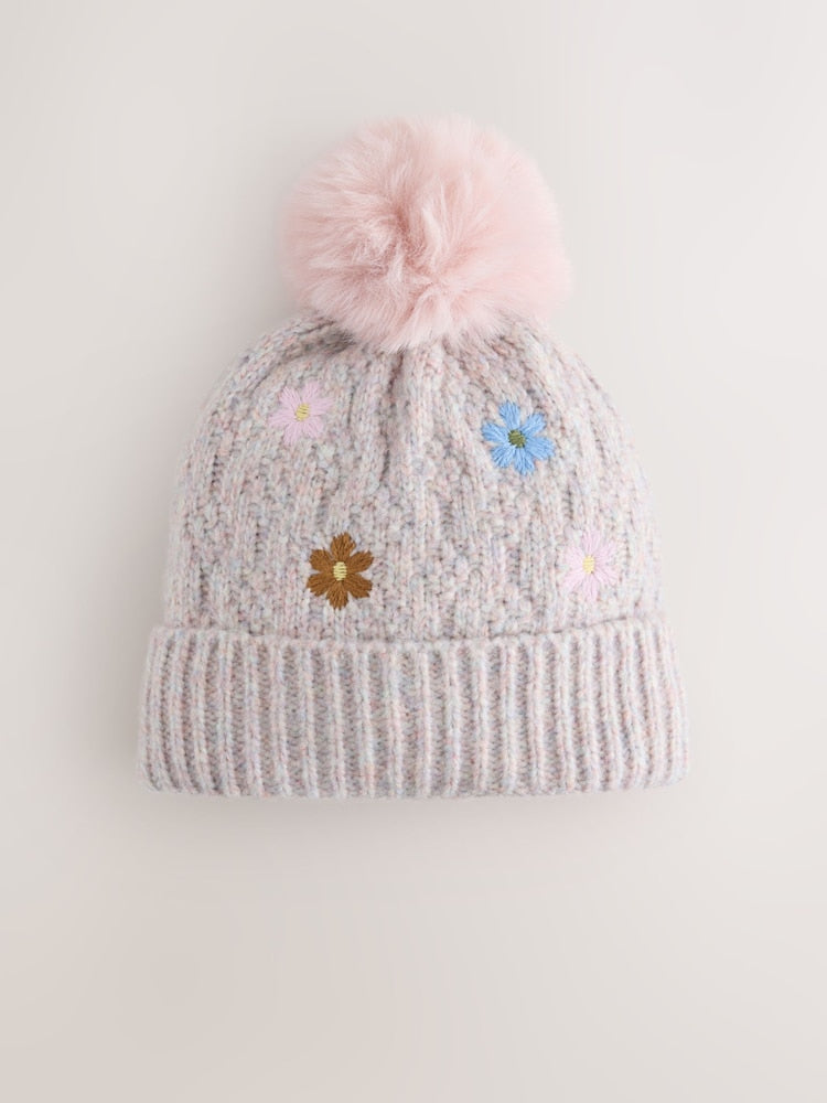 Mink Brown Flower Pom Beanie Hat (3mths-16yrs) - Mink Brown Flower / 11 - 13 Years (146 - 158cm)