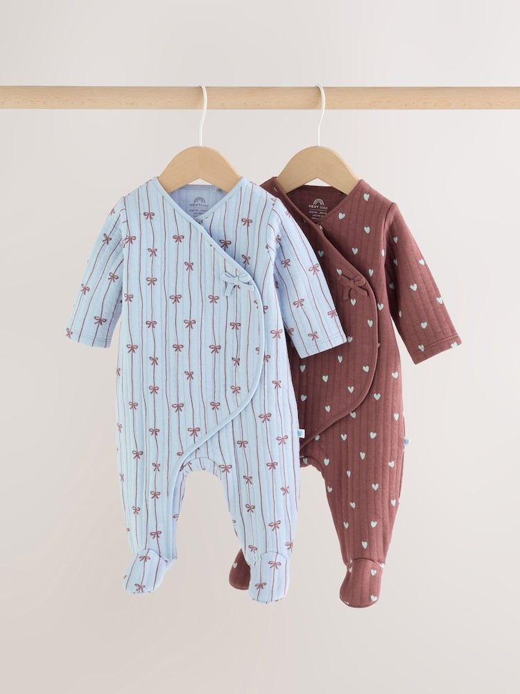 Blue/Brown Bow Quilted Wrap Baby Sleepsuits 2 Pack - Blue/Brown Bow / 12 - 18 Months (80 - 86cm)