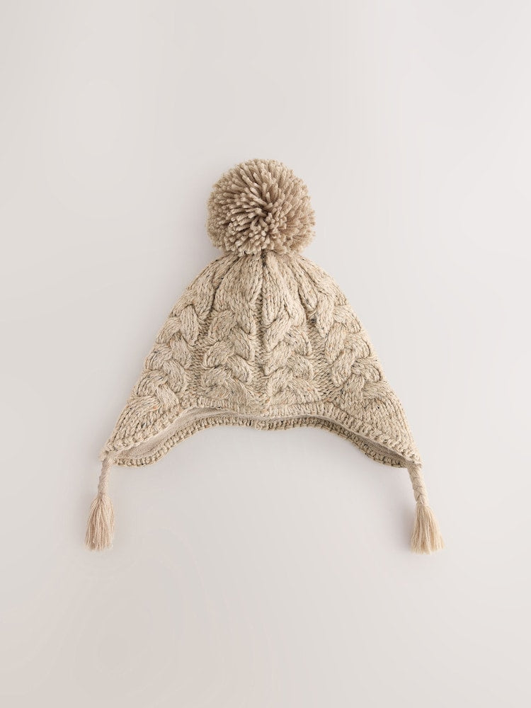 Oatmeal Cable Pom Knitted Trapper Hat (3mths-10yrs) - Oatmeal / 7 - 10 Years (122 - 140cm)