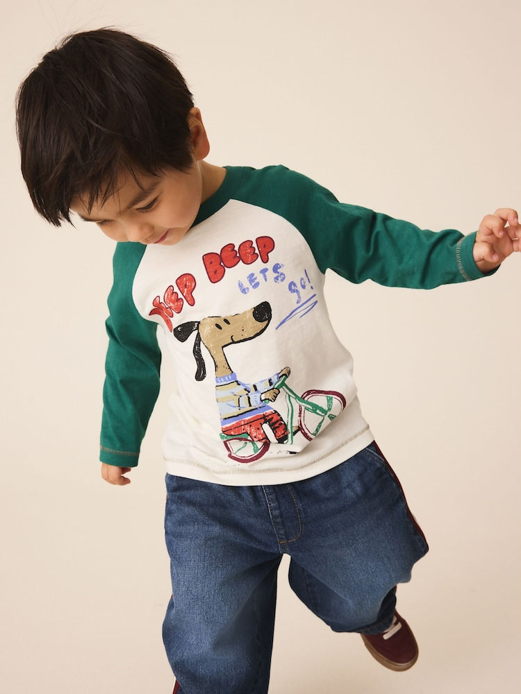 Green/Ecru Ragan Dog Long Sleeve Graphic T-Shirt (3mths-7yrs)