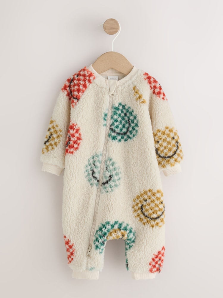 Neutral Checkerboard Happy Face Borg Two Way Zip Sleepsuit - Neutral Checkerboard Happy Face / 12 - 18 Months (80 - 86cm)