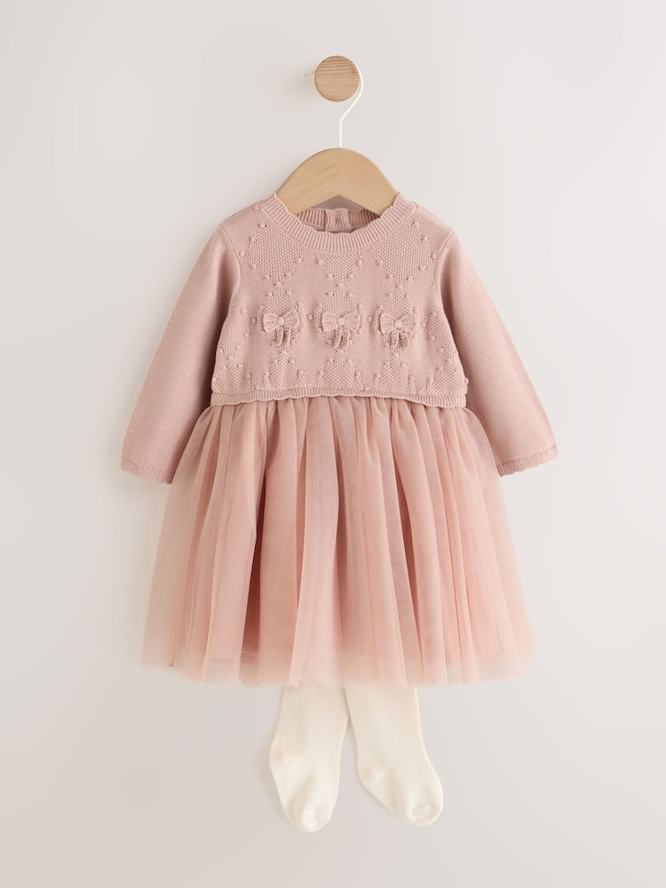 Pink Twofer Knit & Mesh Baby Dress & Tights Set 2 Piece (0mths-2yrs) - Pink / 12 - 18 Months (80 - 86cm)