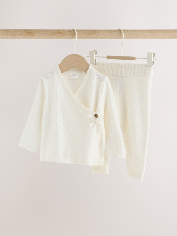 Ecru Knitted Wrap Over Cardigan And Leggings 2 Piece Set With Cashmere (0mths-2yrs) - Ecru / 12 - 18 Months (80 - 86cm)