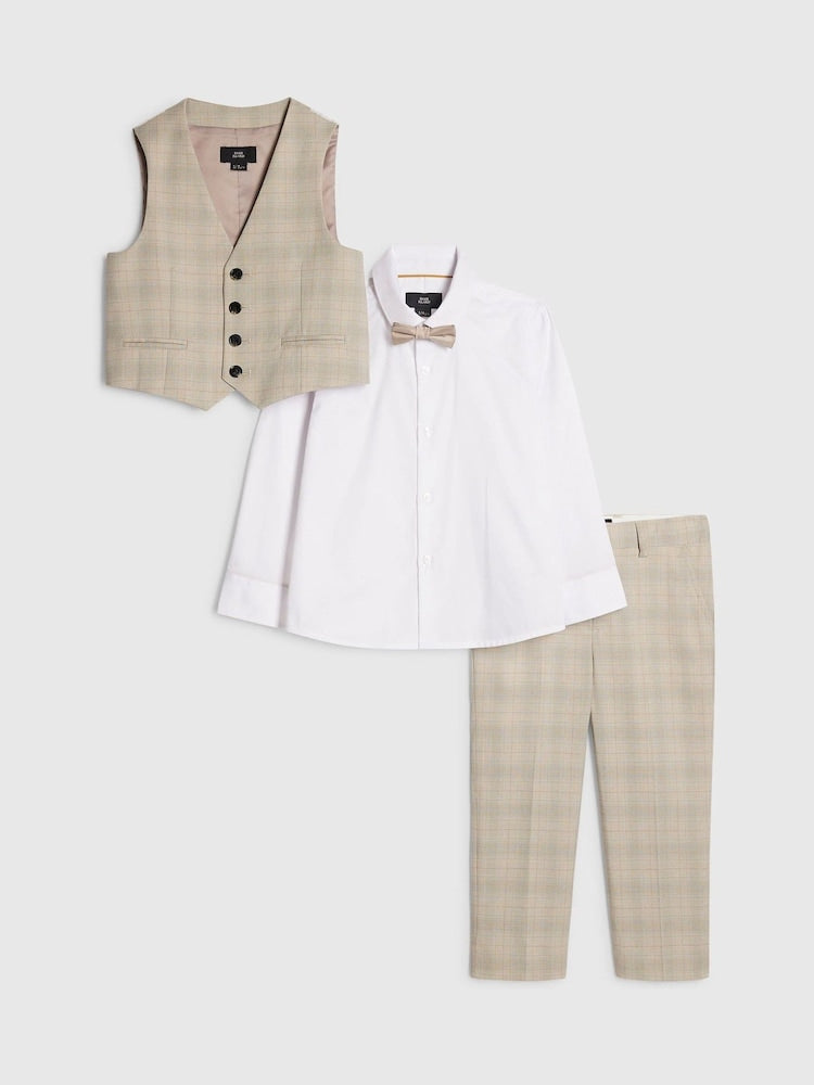 River Island Brown 4 Piece Tailored Waistcoat Shirt Bow Tie & Suit Trouser Set
