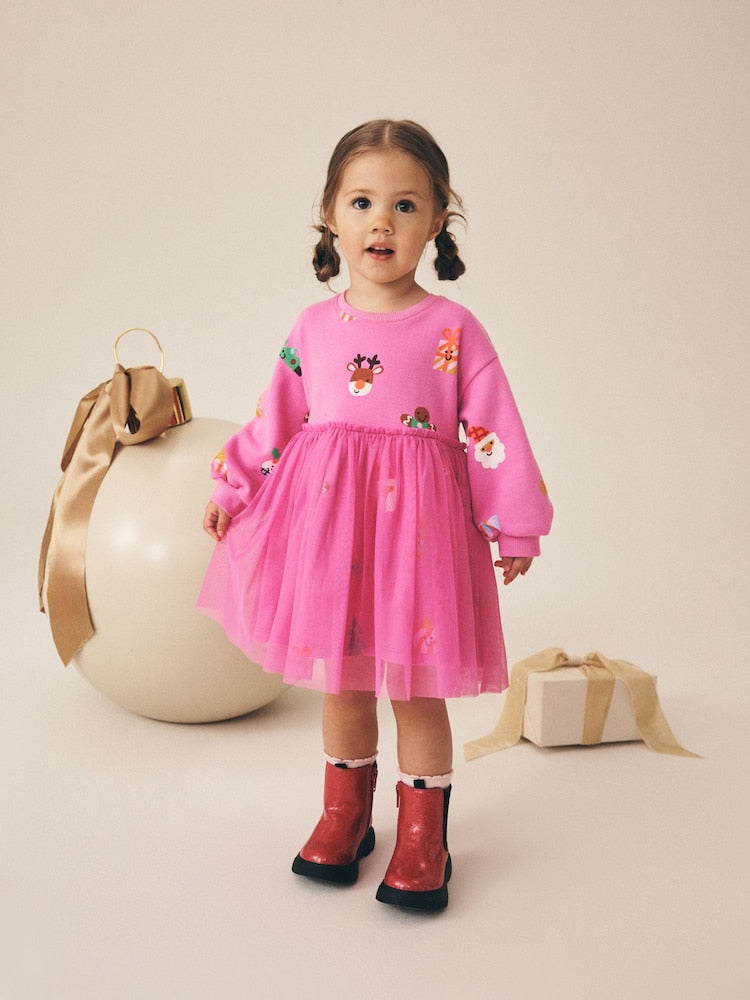 Bright Pink Christmas Long Sleeve Sweat Mesh Dress (3mths-7yrs) - Bright Pink Christmas Long Sleeve Sweat Mesh / 12-18 Months (80-86cm)