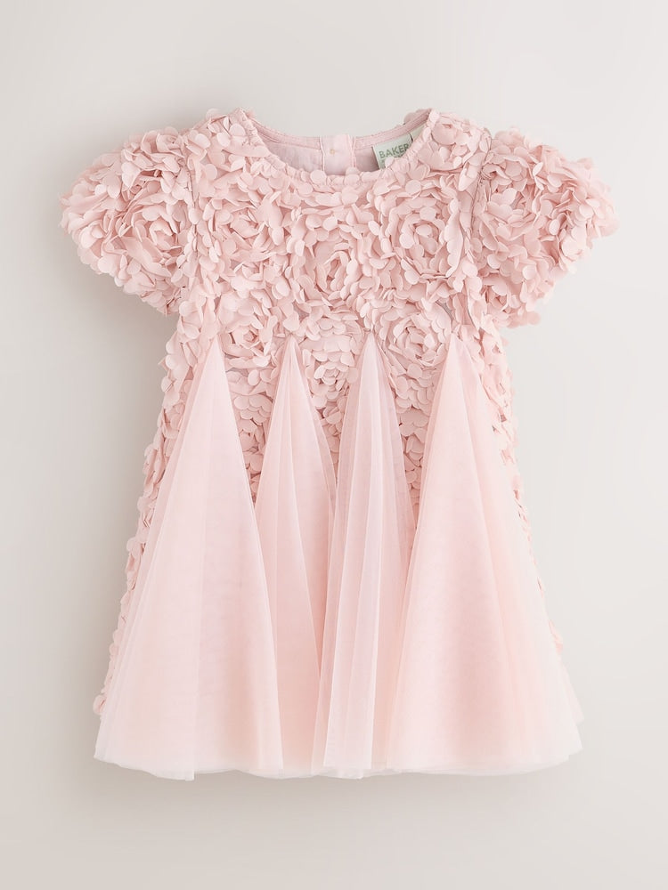 Baker by Ted Baker Pink 3D Textured Floral Mesh Godet Dress
