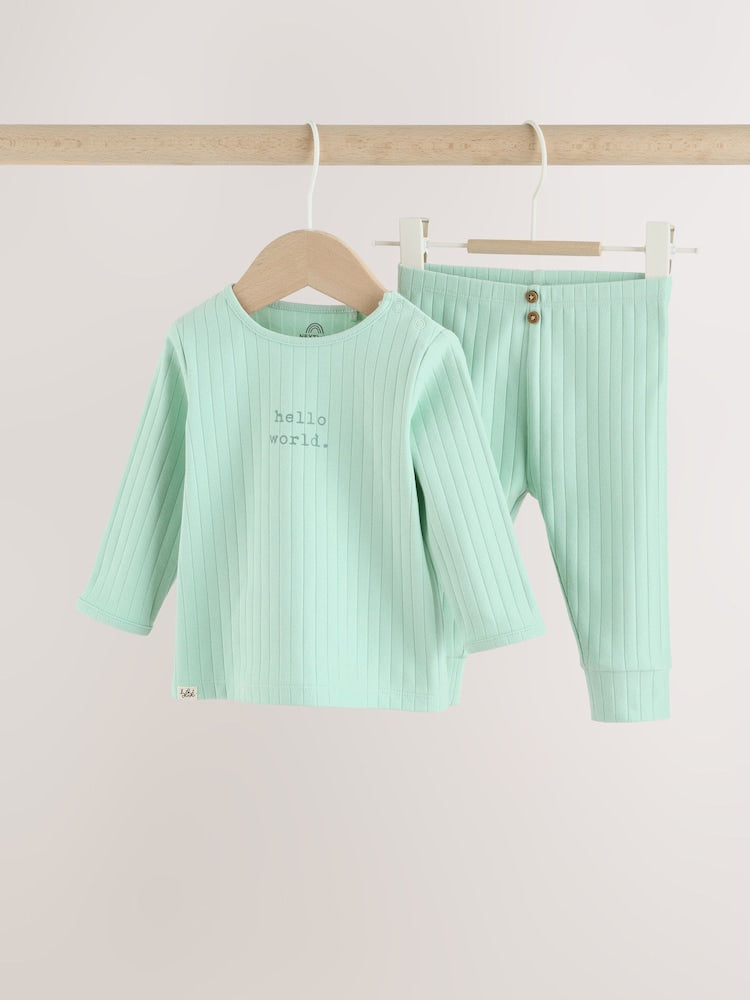 Sage Green Hello World Top and Leggings Baby Set (0-18mths)