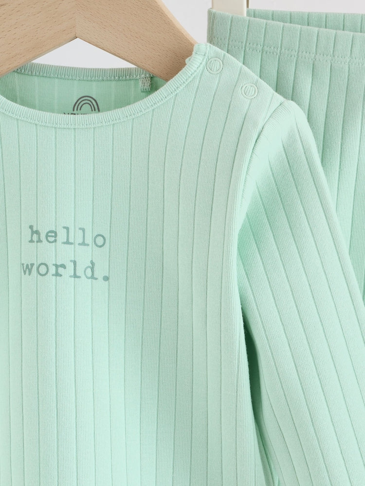 Sage Green Hello World Top and Leggings Baby Set (0-18mths)