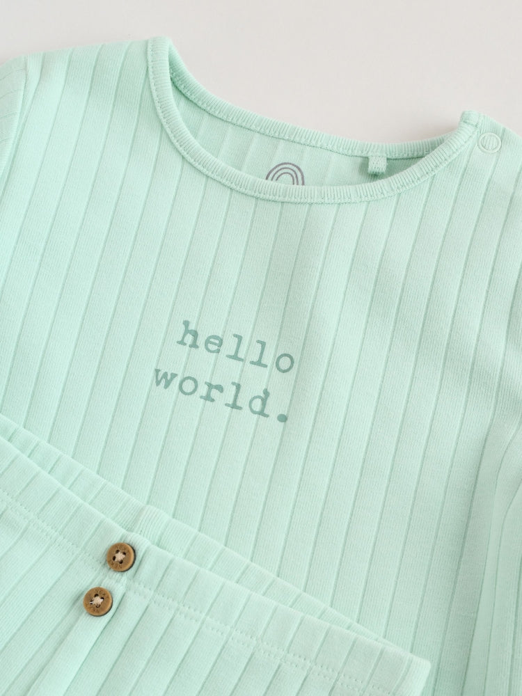 Sage Green Hello World Top and Leggings Baby Set (0-18mths)