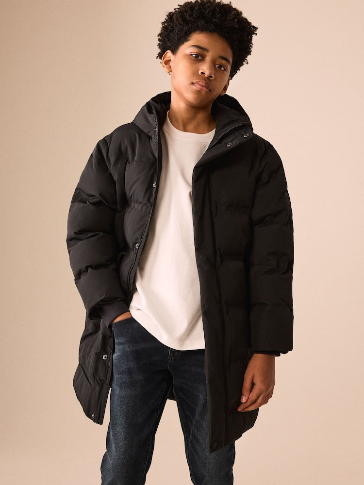 Black Waterproof Padded Long Line Coat (3-16yrs)