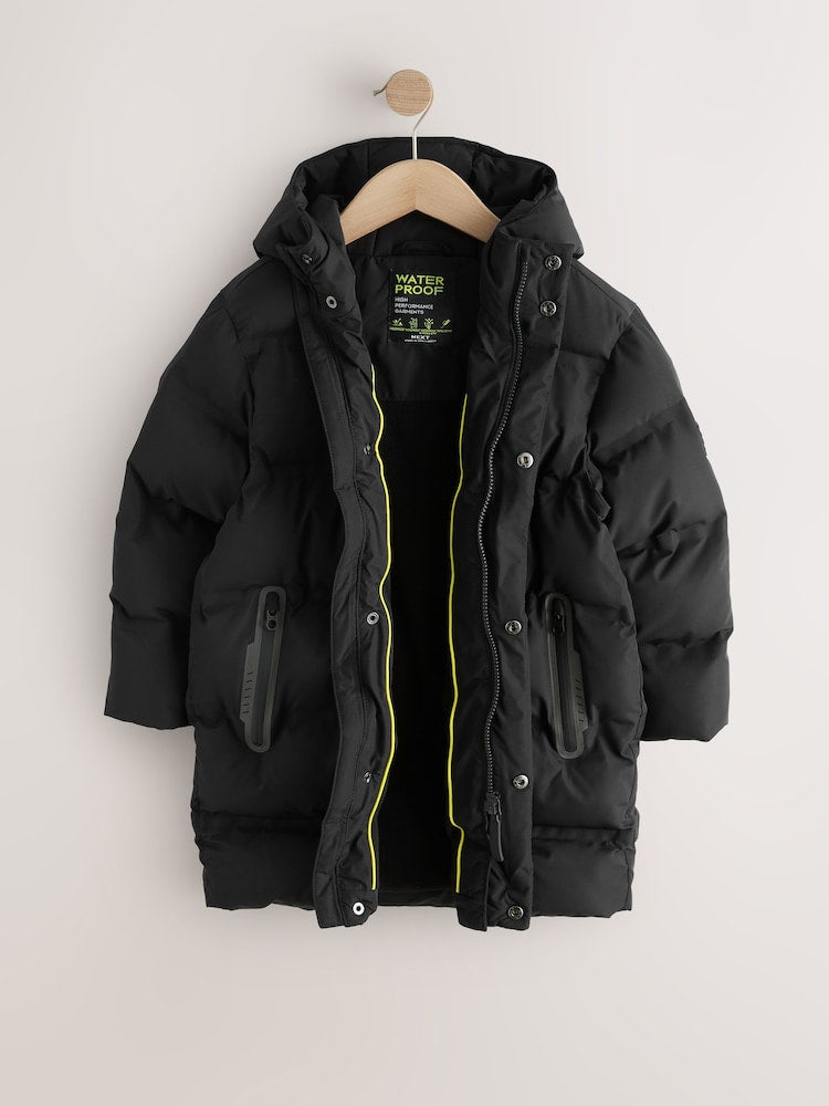 Black Waterproof Padded Long Line Coat (3-16yrs)