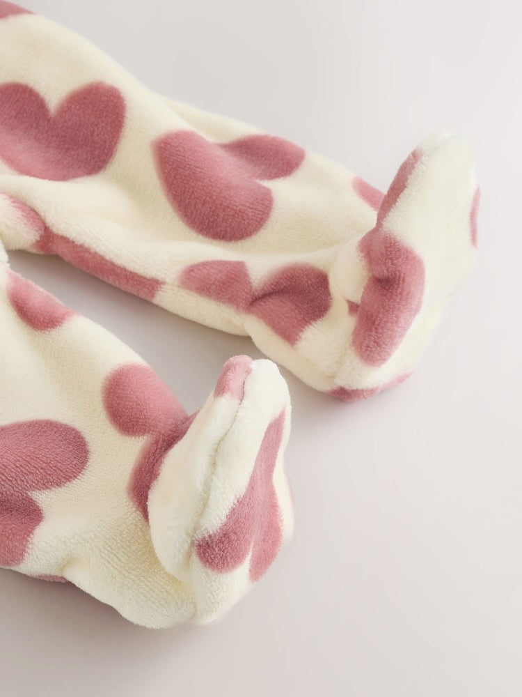 Ecru/Pink Heart Two Way Zip Fleece Sleepsuit