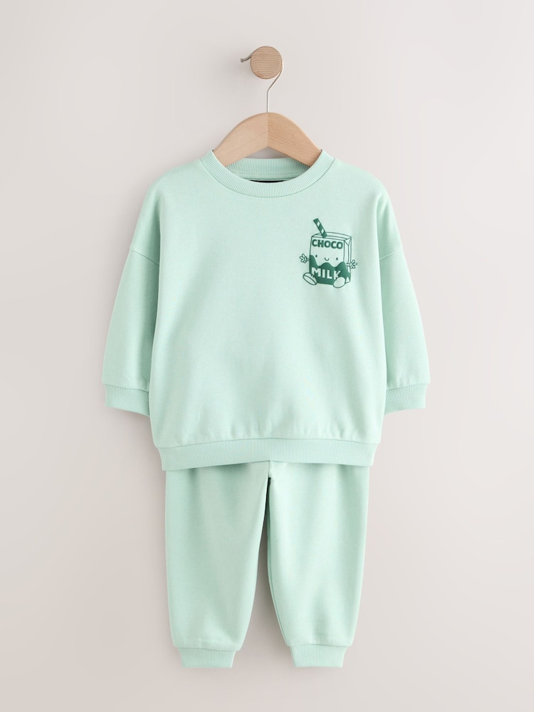 Sage Green Single Printed Crew Neck Sweat Top & Joggers Set (3mths-7yrs)