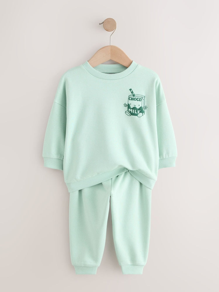 Sage Green Single Printed Crew Neck Sweat Top & Joggers Set (3mths-7yrs)