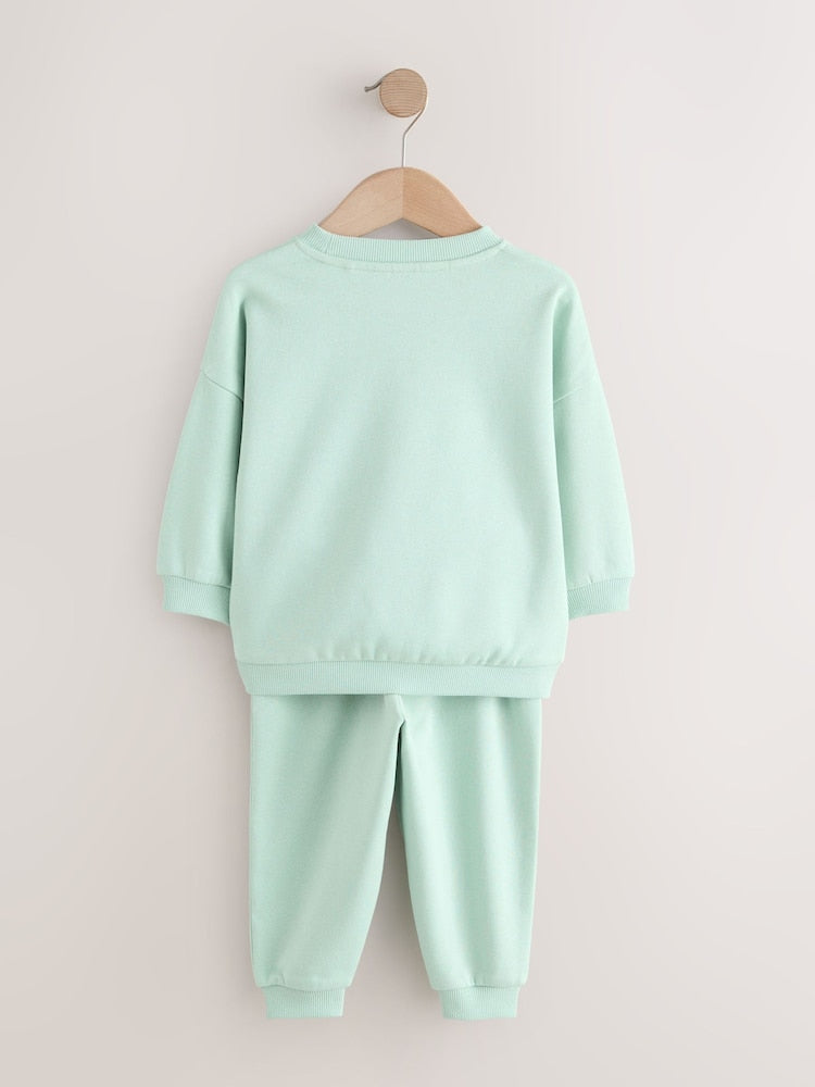 Sage Green Single Printed Crew Neck Sweat Top & Joggers Set (3mths-7yrs)