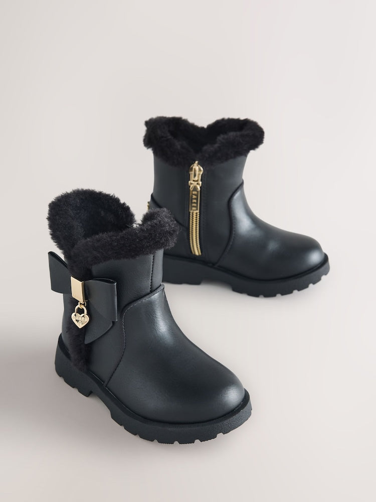 Baker by Ted Baker Chunky Faux Fur Cuff Black Boots with Bow