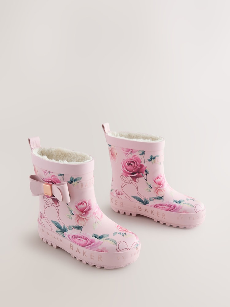 Baker by Ted Baker Pink Floral Baker by Ted Baker Faux Fur Lined Welly Boots with Bow
