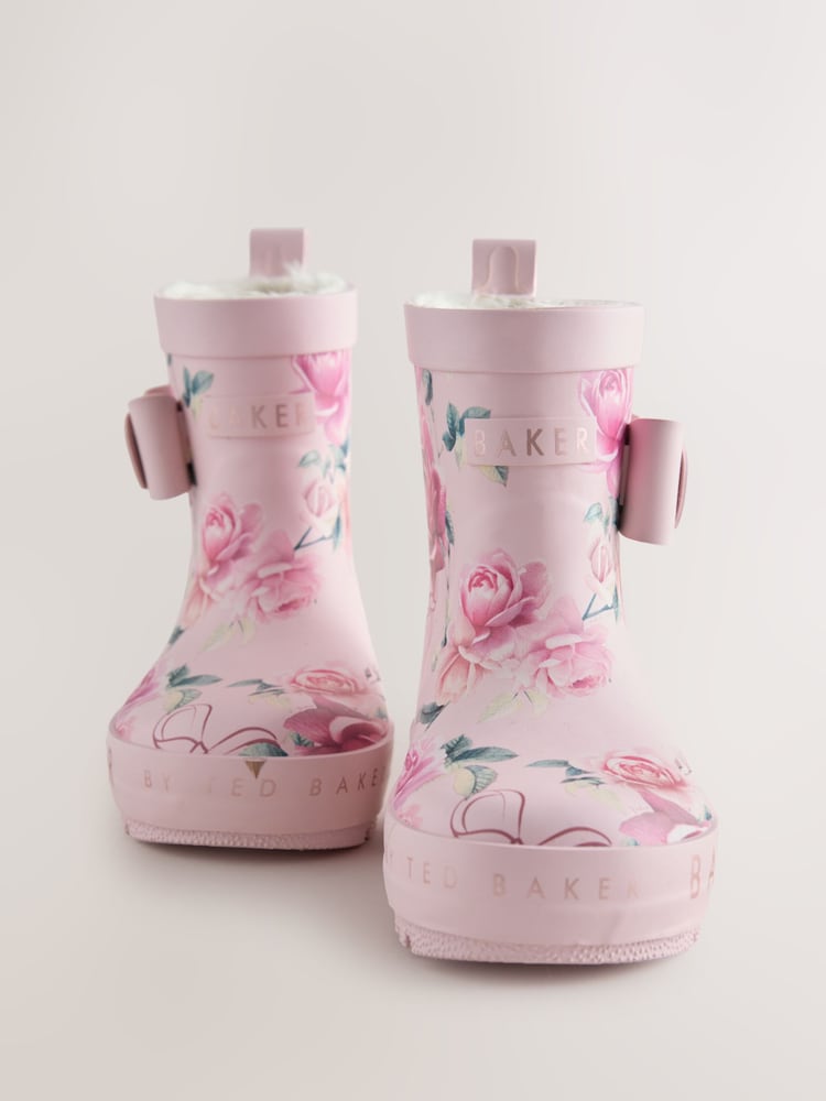 Baker by Ted Baker Pink Floral Baker by Ted Baker Faux Fur Lined Welly Boots with Bow