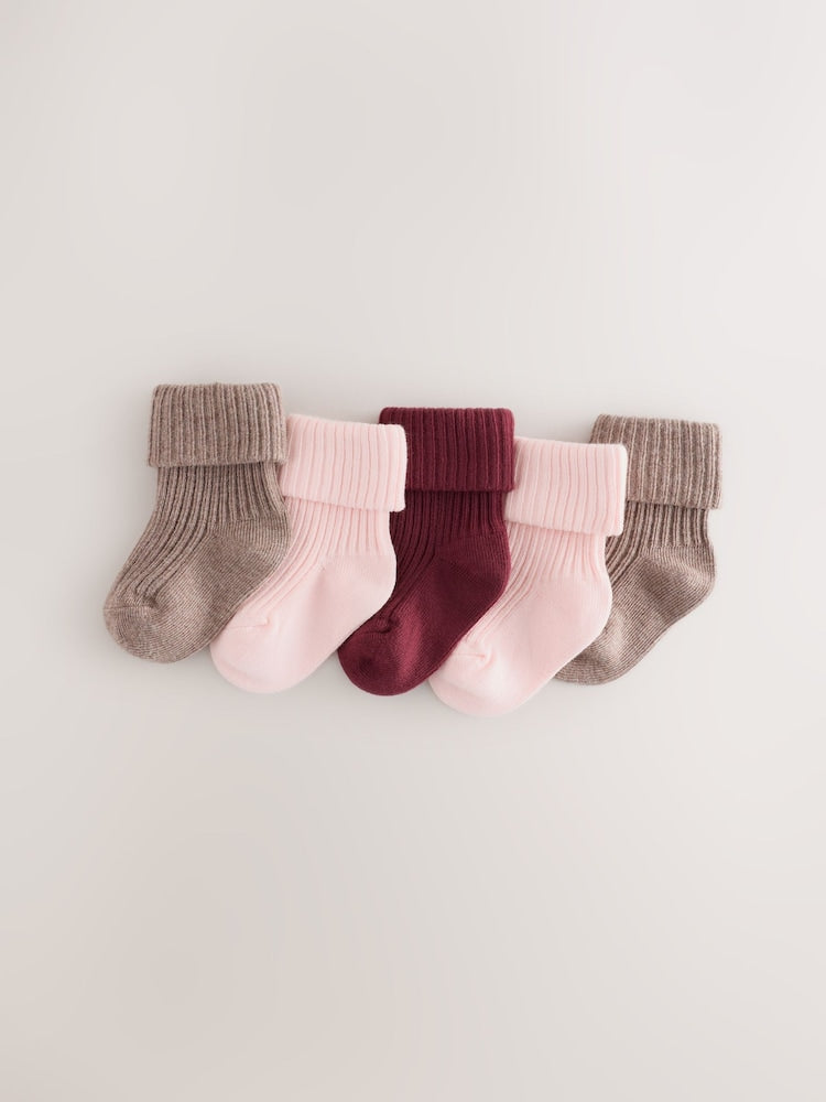 Brown and Pink Roll Top Baby Socks 5 Pack - Brown and Pink / Up To 3 Months (50 - 62cm)