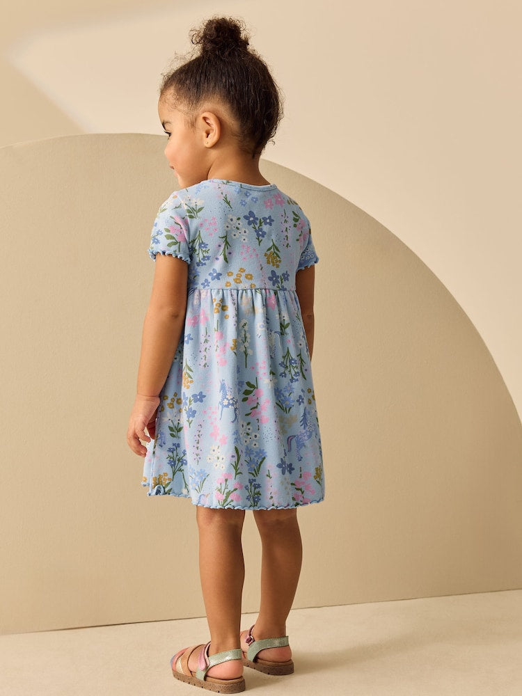 Blue Unicorn Short Sleeve Ribbed Dress (3mths-7yrs)