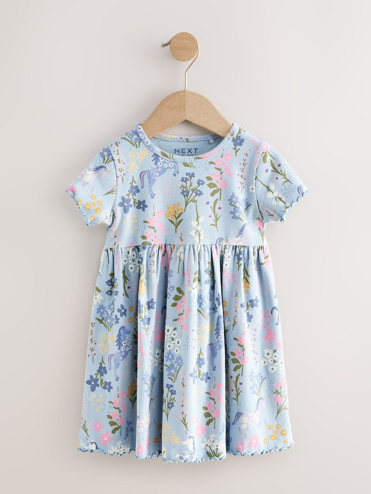 Blue Unicorn Short Sleeve Ribbed Dress (3mths-7yrs)
