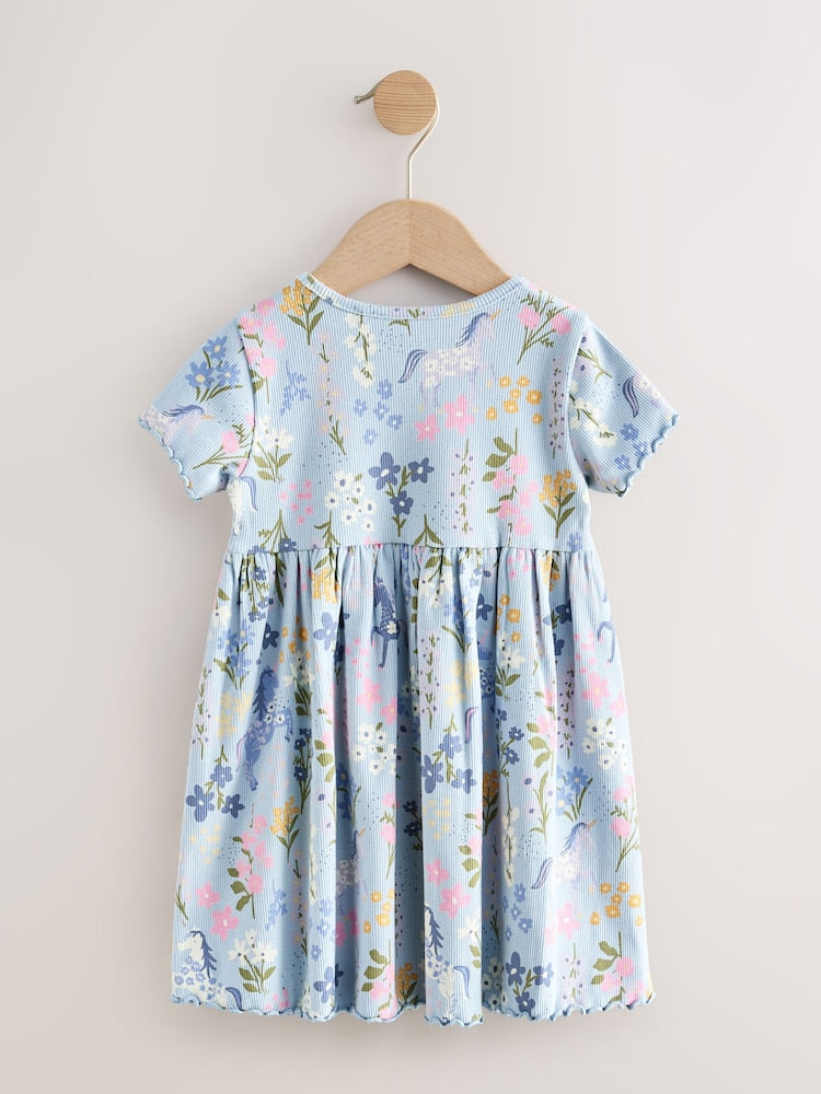 Blue Unicorn Short Sleeve Ribbed Dress (3mths-7yrs)