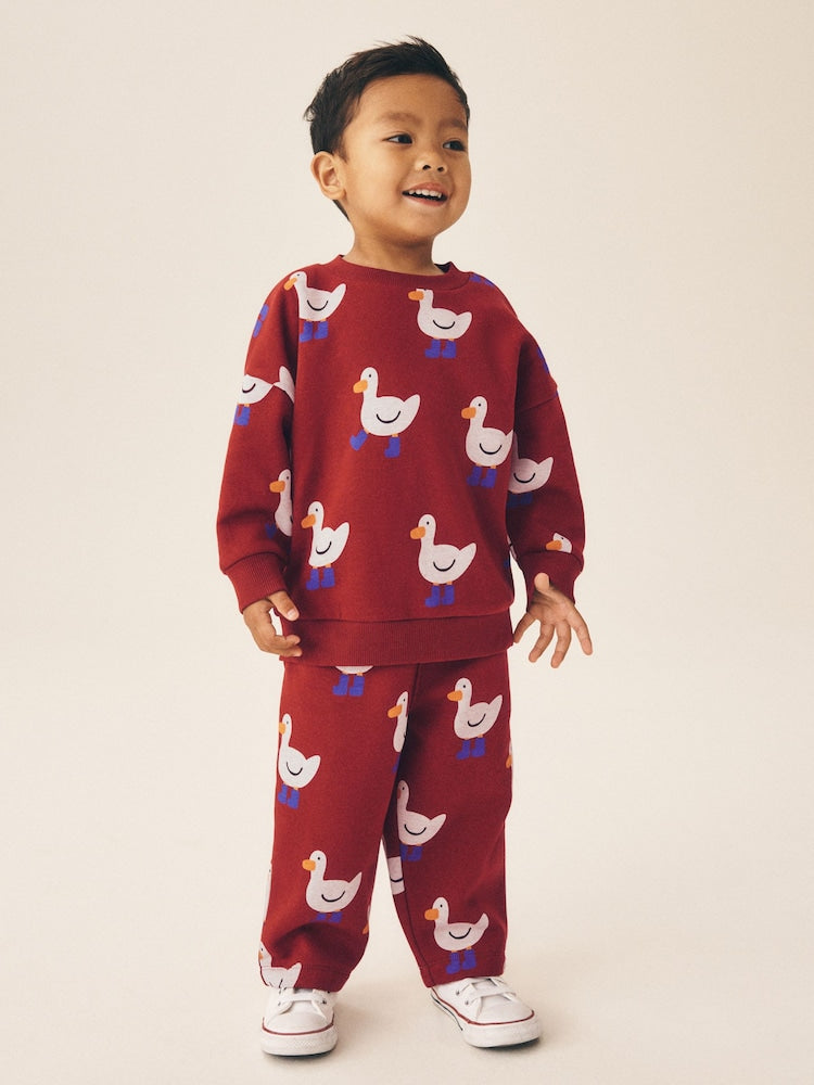 Burgundy Red All Over Print Crew Neck Sweat Top and Joggers Set (3mths-7yrs) - Burgundy Red / 12-18 Months (80-86cm)