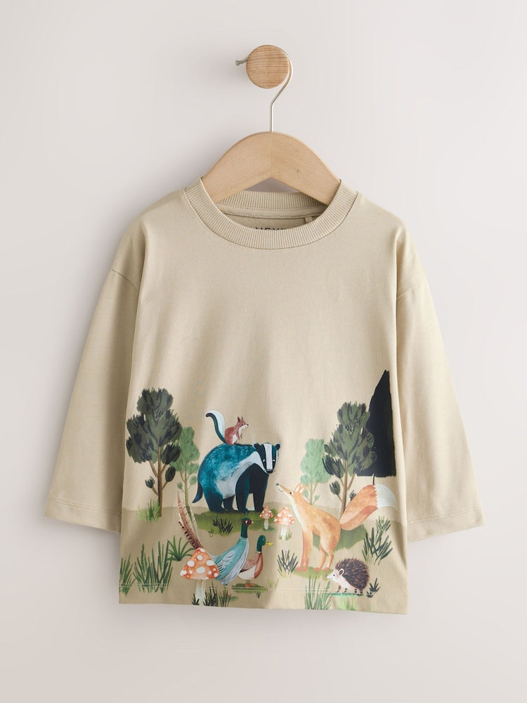 Neutral/Tan Woodland Watercolour Long Sleeve Graphic T-Shirts 3 Pack (3mths-7yrs)