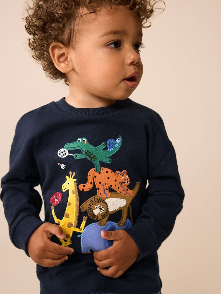 Dark Navy Safari Animal Long Sleeve Appliqué T-Shirt (3mths-7yrs) - Dark Navy Safari Animal / 12-18 Months (80-86cm)