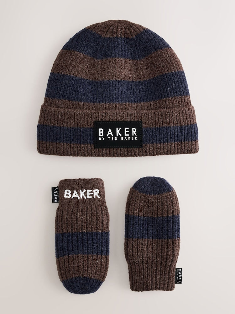 Baker by Ted Baker Blue/Chocolate Brown Stripe Beanie and Mittens Set