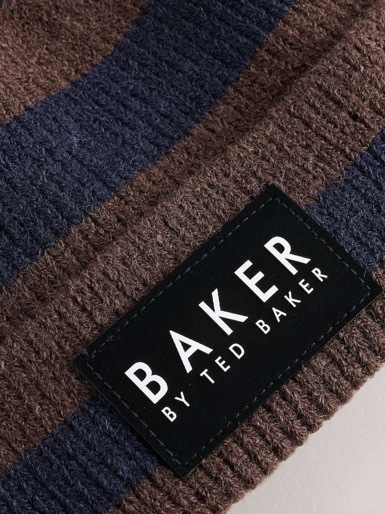 Baker by Ted Baker Blue/Chocolate Brown Stripe Beanie and Mittens Set