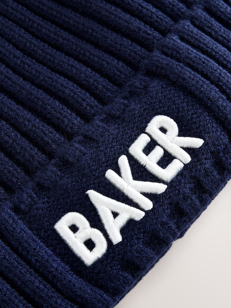 Baker by Ted Baker Navy Logo Knitted Pom Hat and Mittens Set - Size 3-9 Months (62-74cm)