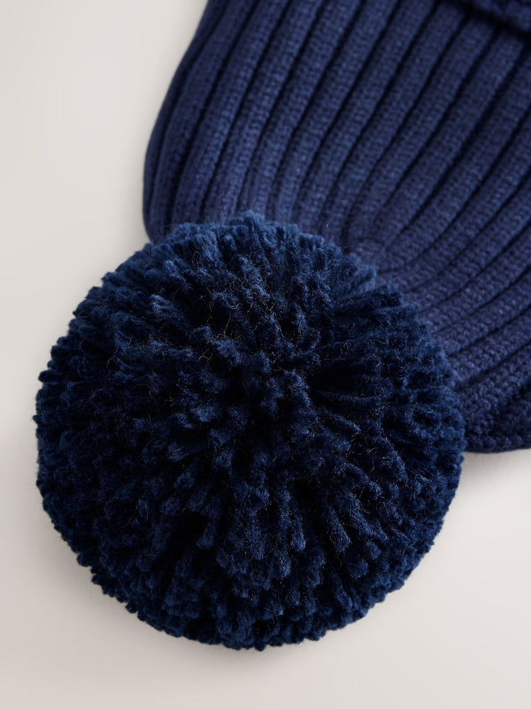 Baker by Ted Baker Navy Logo Knitted Pom Hat and Mittens Set - Size 3-9 Months (62-74cm)