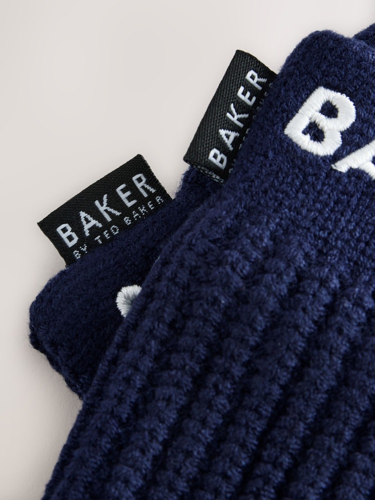 Baker by Ted Baker Navy Logo Knitted Pom Hat and Mittens Set - Size 3-9 Months (62-74cm)