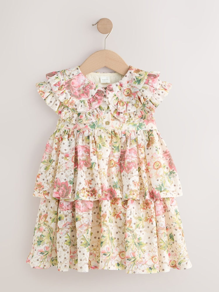 Floral Sleeveless Lace Collar Tiered