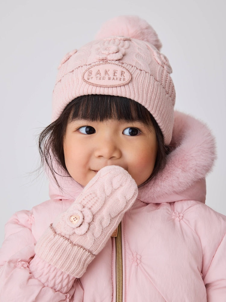Baker by Ted Baker Pink Corsage Knitted Hat and Mittens Set - Size 3 - 9 Months (62 - 74cm)