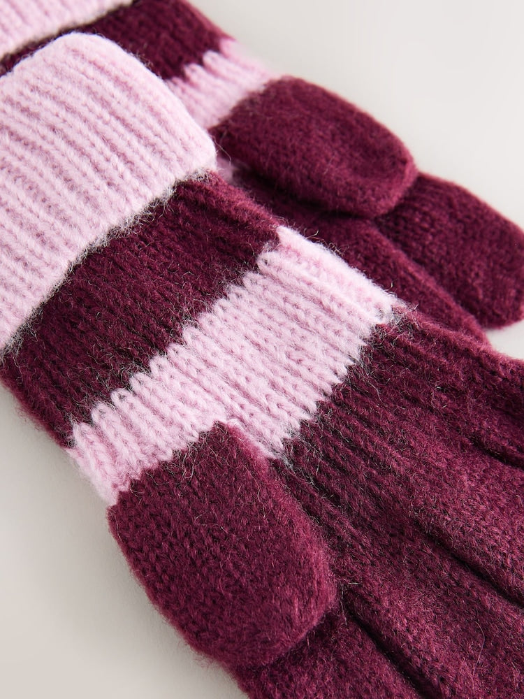 Baker by Ted Baker Pink/Burgundy Striped Beanie Hat and Gloves Set - Size 3 - 4 Years (98 - 104cm)