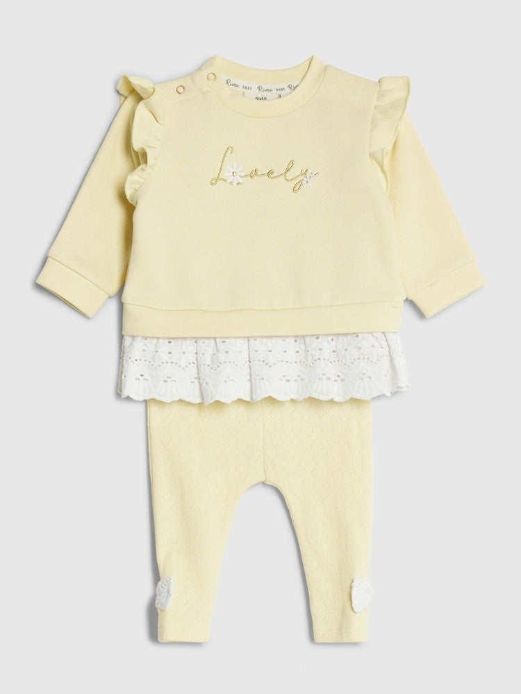 River Island Yellow Broderie Sweatshirt & Leggings Set