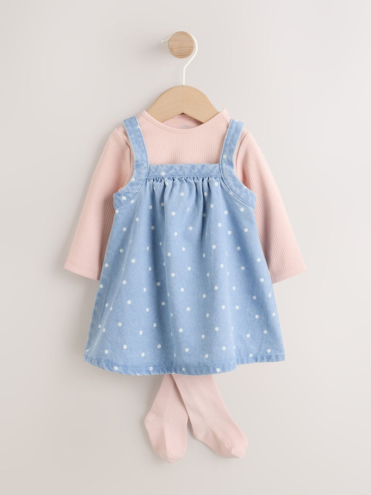 Denim Spot Baby Pinafore Long Sleeve Bodysuit And Tights 3 Piece Set (0mths-2yrs) - Denim Spot / Up to 1 Month (50-56cm)