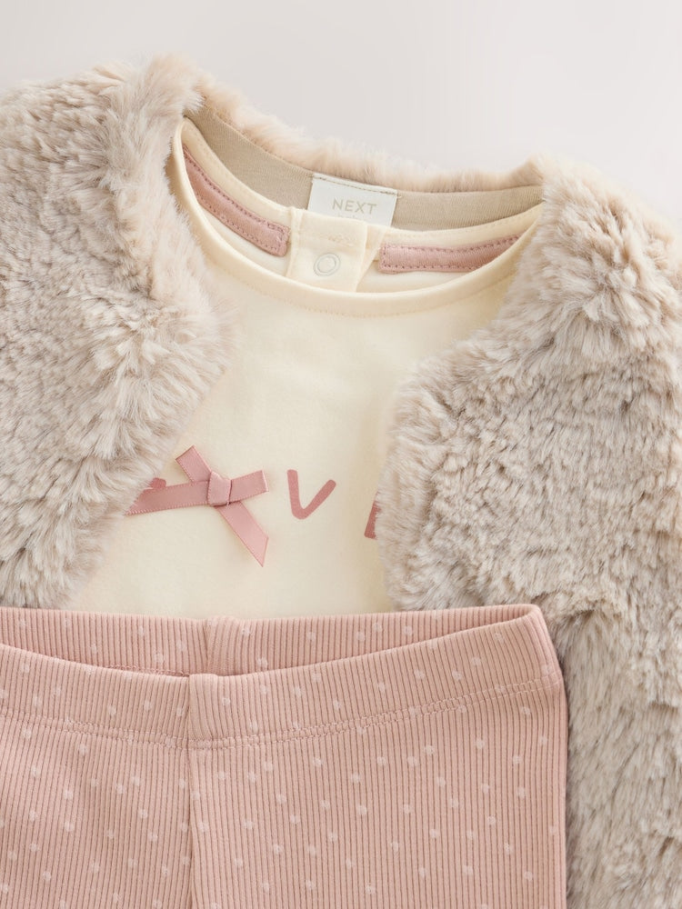 Pink/Cream Fur Baby Gilet Top and Leggings 3 Piece Set (0mths-2yrs)