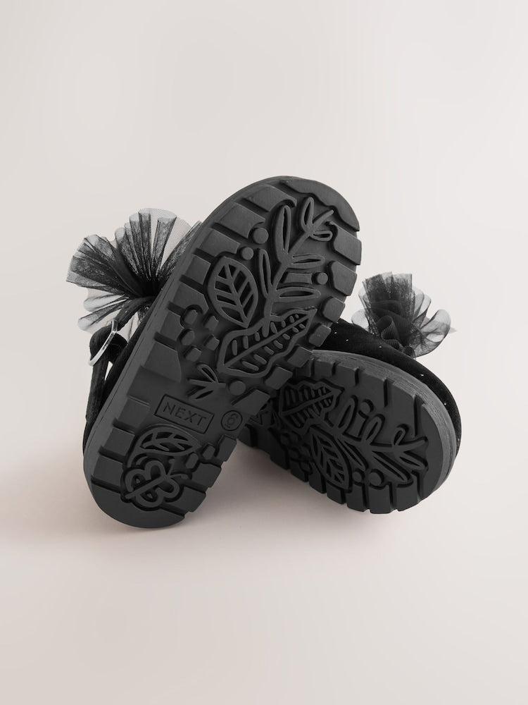 Black Velvet Shimmer Wide Fit (G) Chunky Bow Mary Jane Shoes