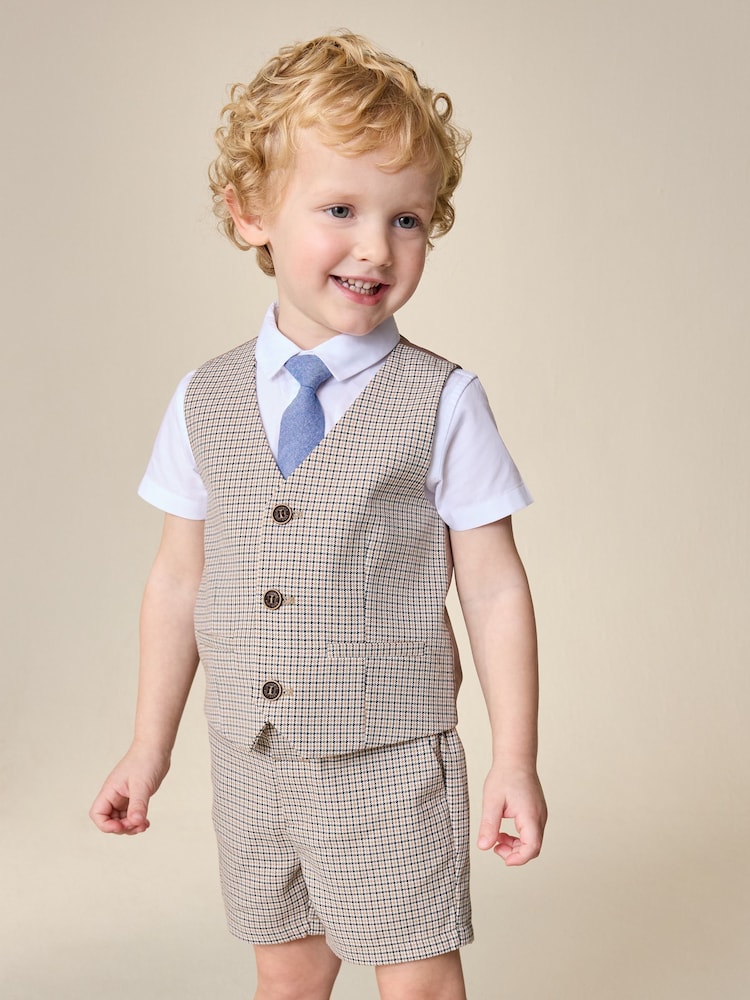 Brown Check Waistcoat, Shirt, Shorts & Tie Set (3mths-9yrs)