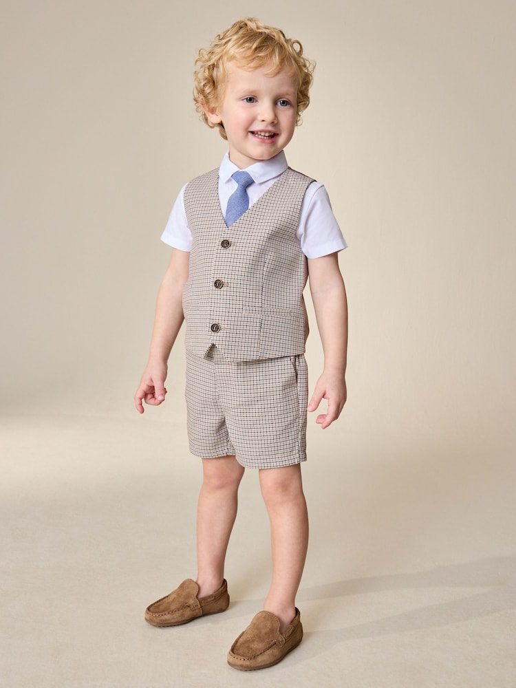 Brown Check Waistcoat, Shirt, Shorts & Tie Set (3mths-9yrs)