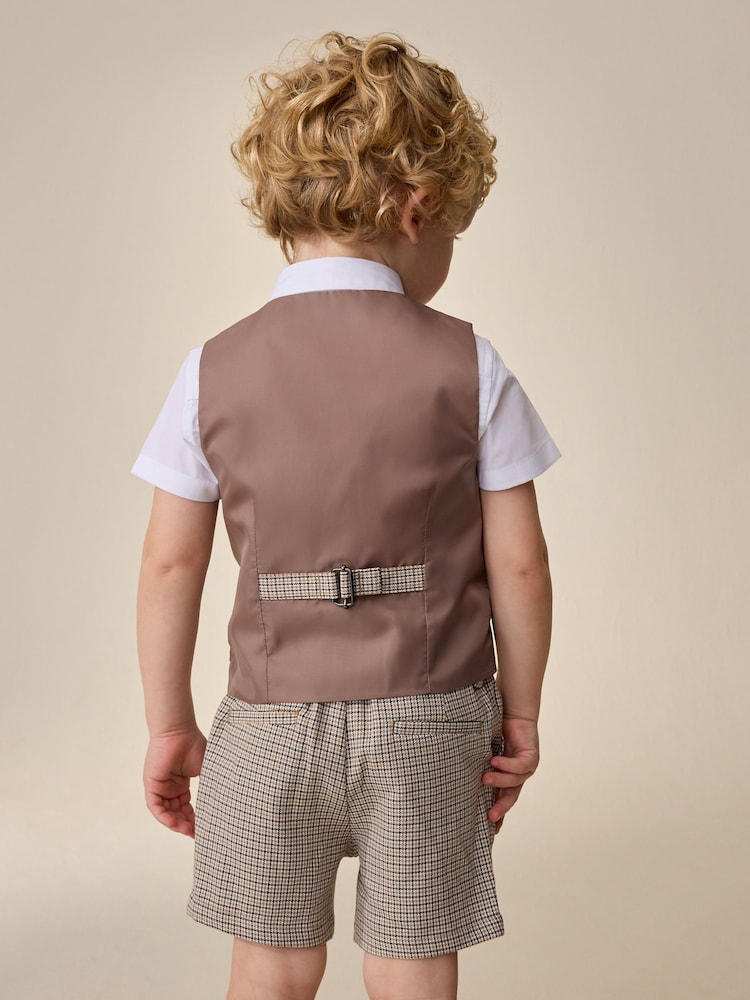 Brown Check Waistcoat, Shirt, Shorts & Tie Set (3mths-9yrs)