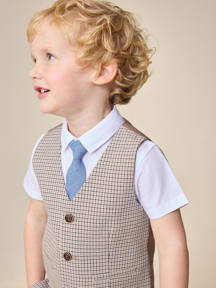 Brown Check Waistcoat, Shirt, Shorts & Tie Set (3mths-9yrs)