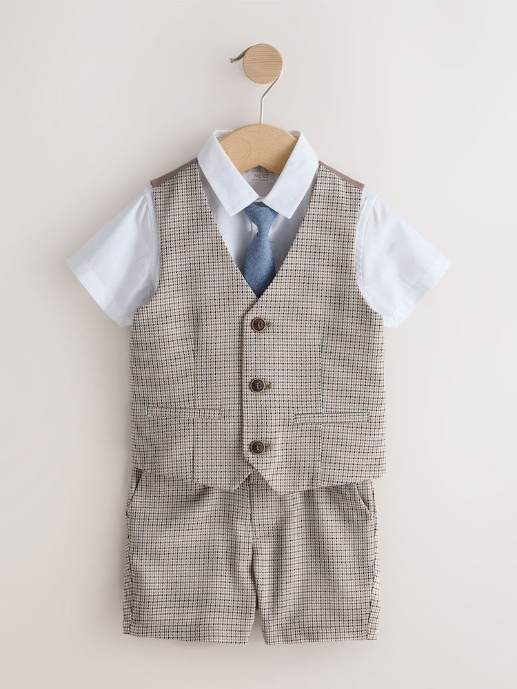 Brown Check Waistcoat, Shirt, Shorts & Tie Set (3mths-9yrs)